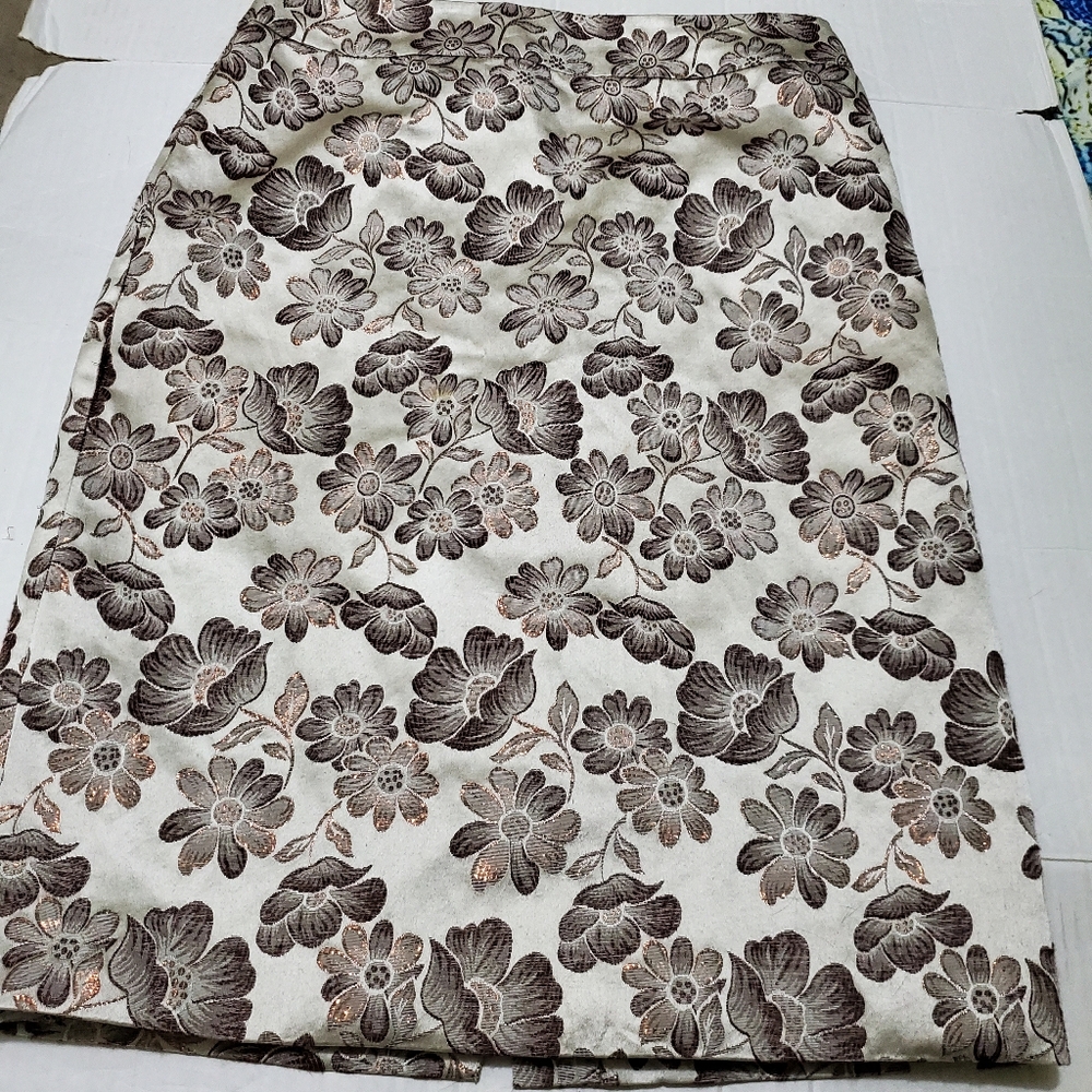 Banana Republic Factory Tan Floral Metallic Elegant Silk Blend Mini Pencil Skirt